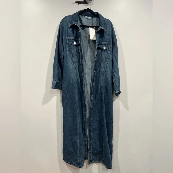Zara Denim Maxi Dress & Long Blue Jean Jacket Trench Coat Womens XL 10 12 14 - Picture 7 of 12